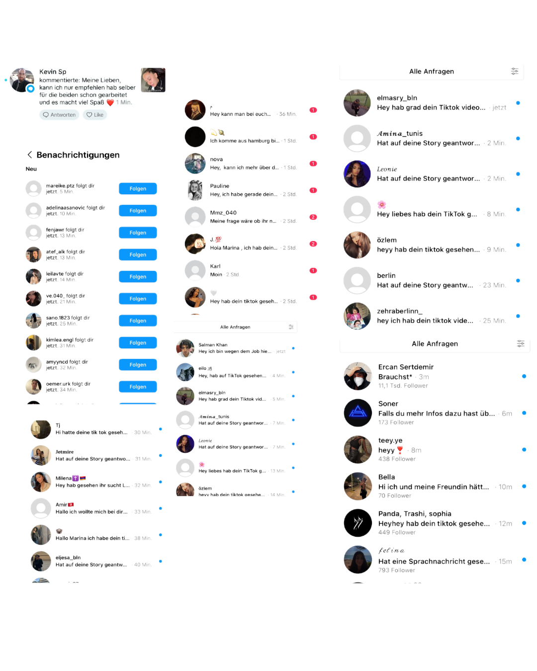 Eine Vielzahl eingegangener Bewerbernachrichten, Follower-Anfragen und Direktnachrichten